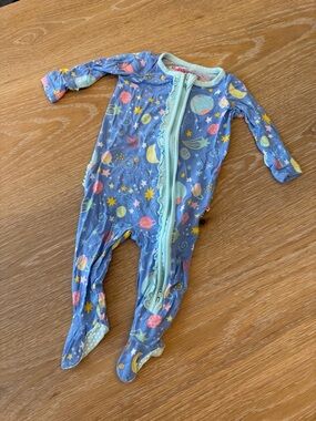 RuffleButts Outer Space Ruffle Footie Pajamas | Blue Galaxy